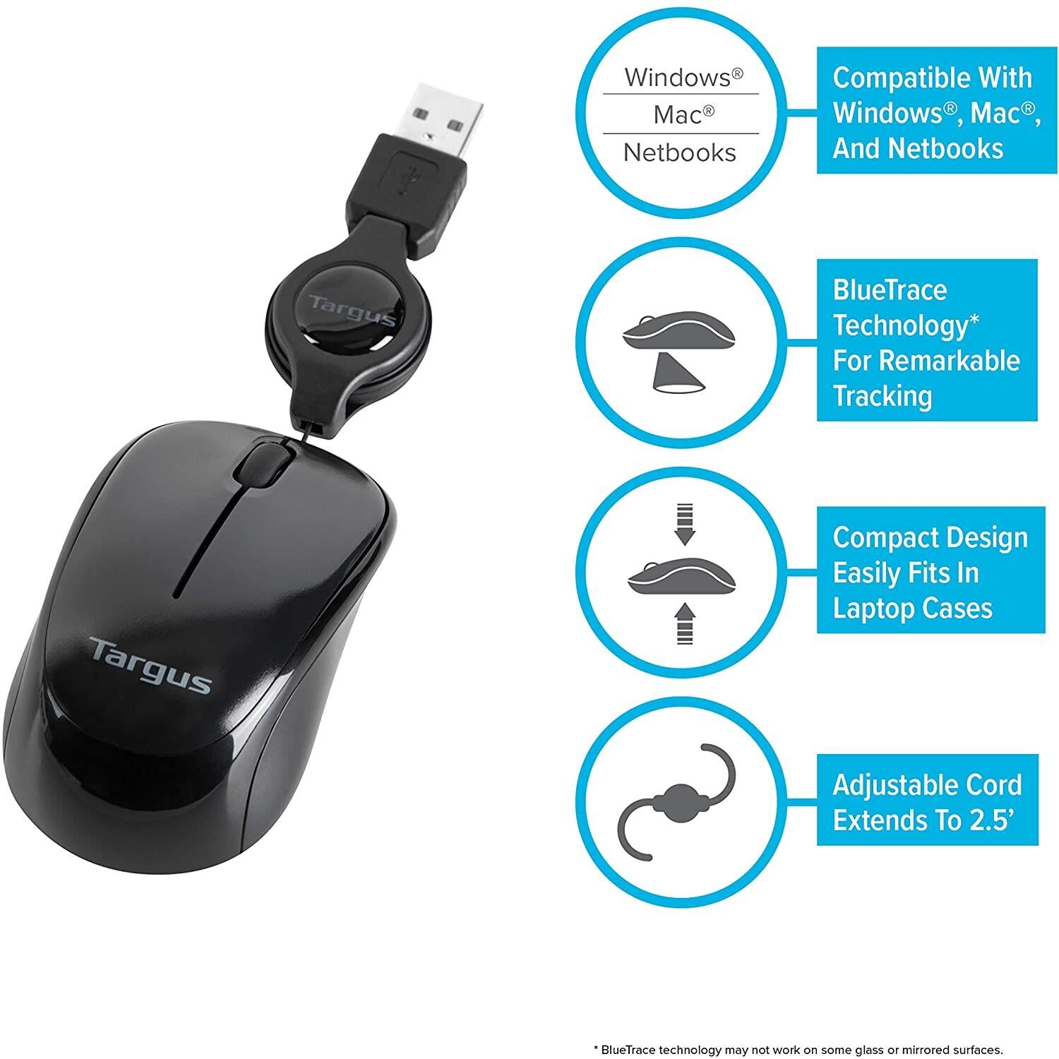 Targus AMU75EU Compact Blue Trace Makaralı USB Optik Mouse -Siyah